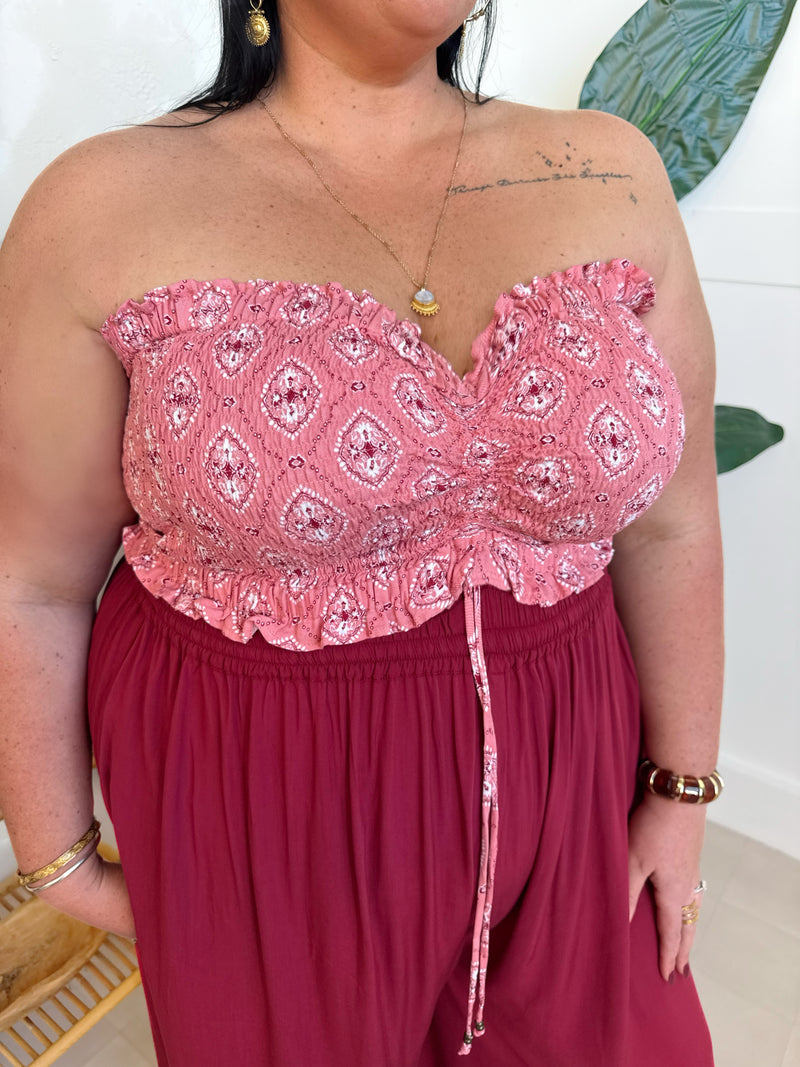 Bralette in Pink Paisley - plus size boho shirred bandeau bralette - Mama Mane