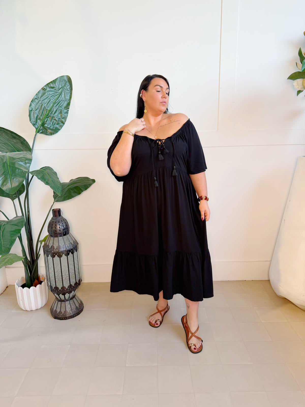 Farrah Midi in Black - plus size boho midi dress with off the shoulder neckline - Mama Mane
