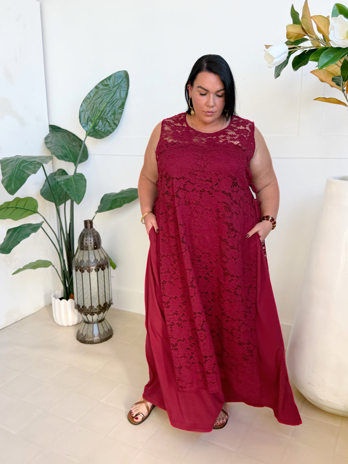 Palazzo Pants Tall in Sangria with Lace Apron Tunic in Sangria - plus size boho outfit - Mama Mane