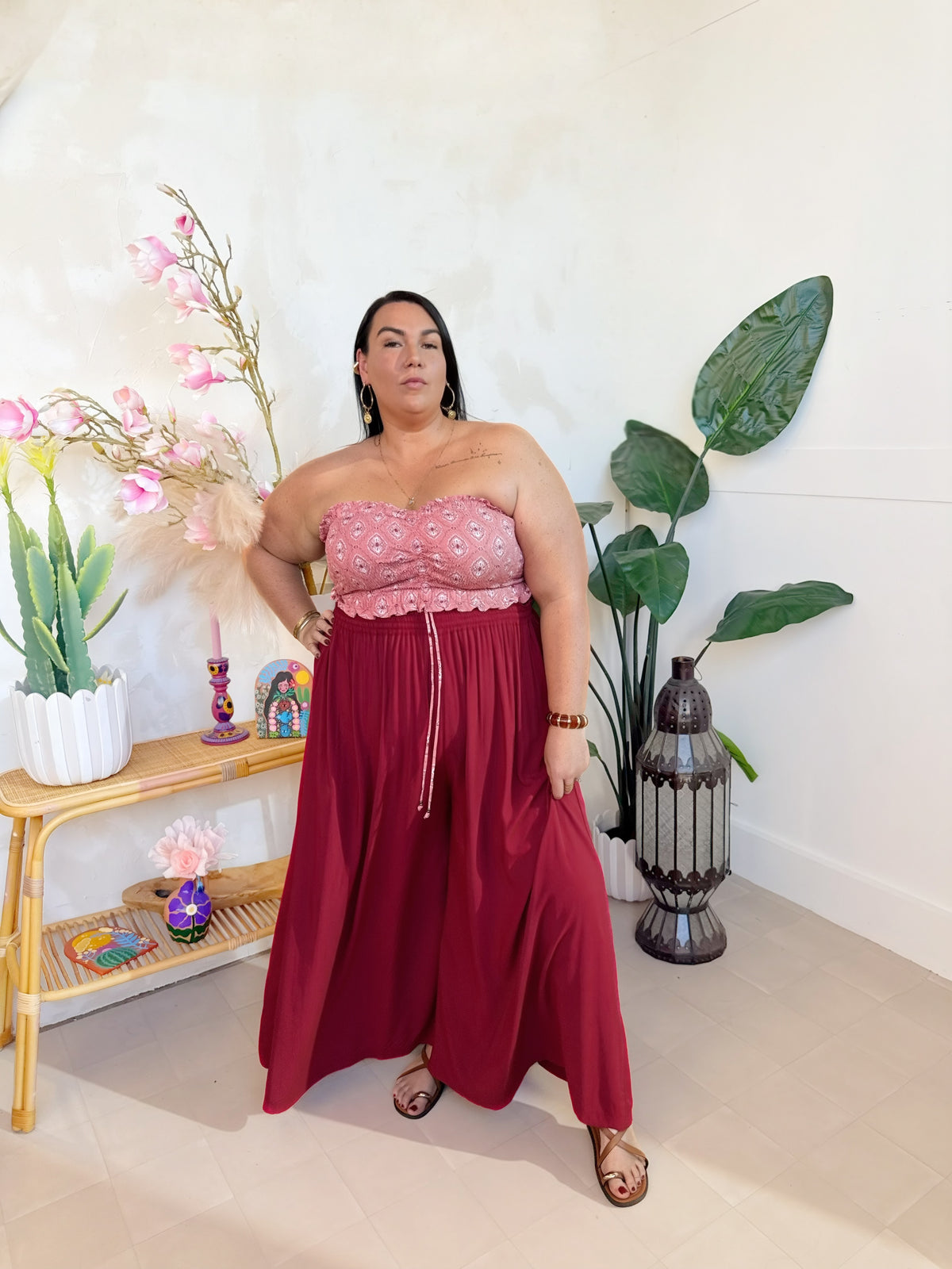 Palazzo Pants Tall in Sangria with Bralette in Pink Paisley - plus size boho outfit - Mama Mane