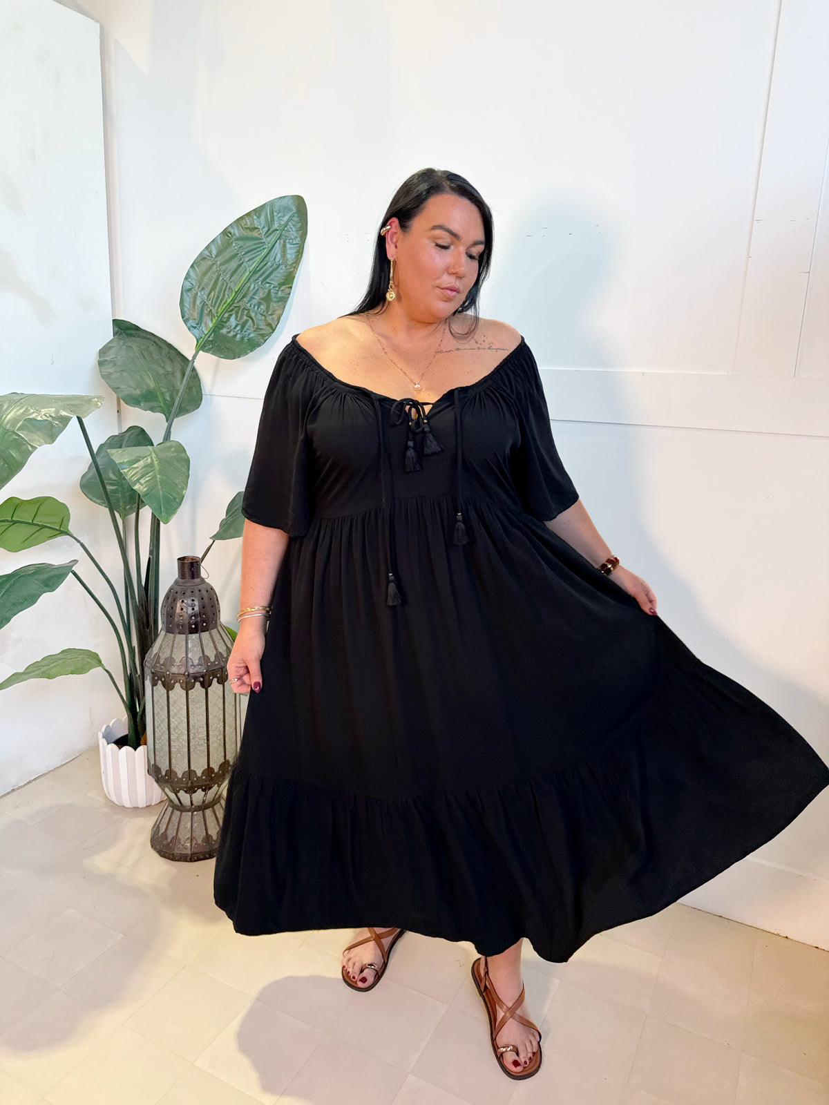 Farrah Midi in Black - plus size boho midi dress with off the shoulder neckline - Mama Mane