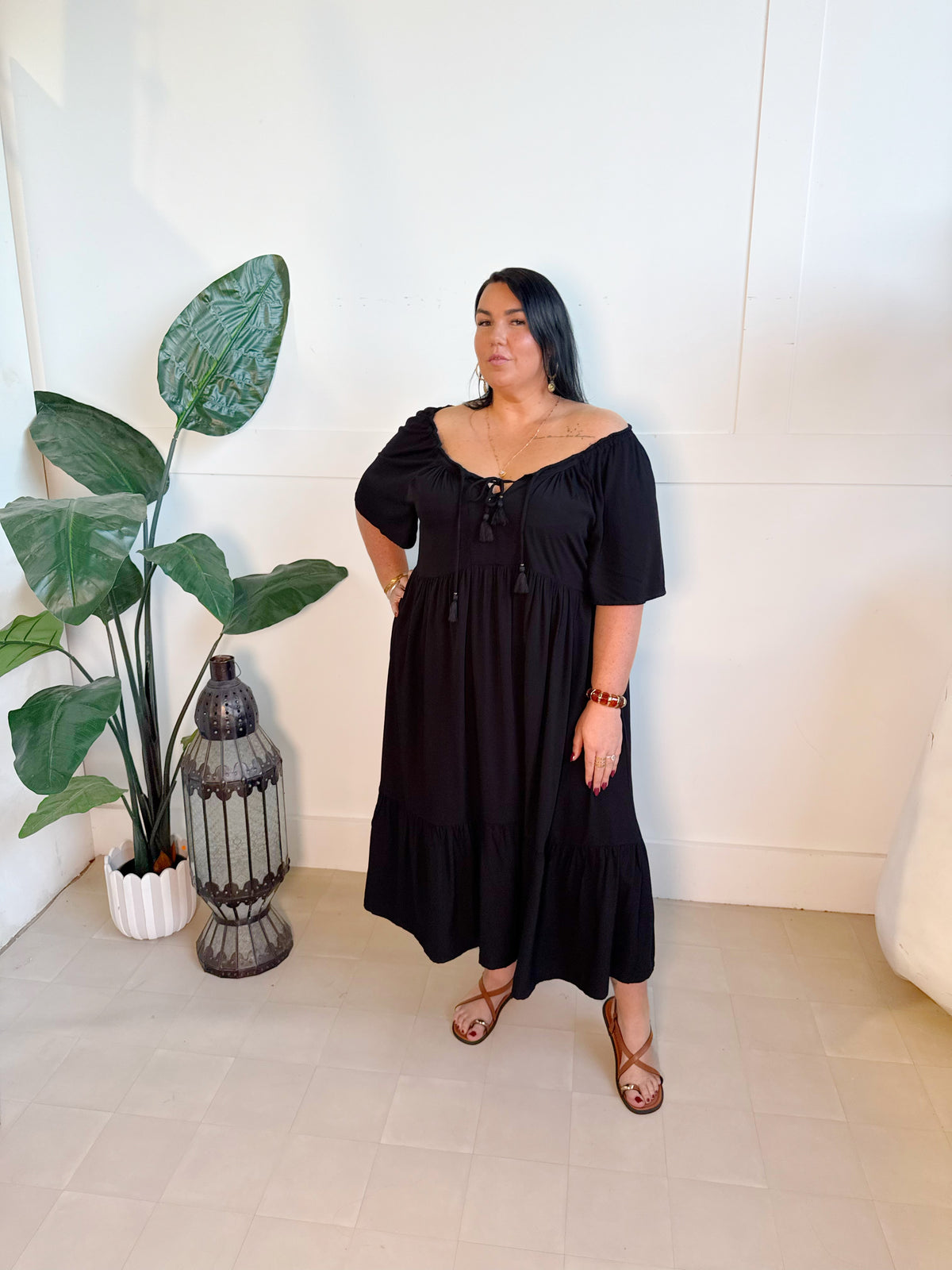 Farrah Midi in Black - plus size boho midi dress with off the shoulder neckline - Mama Mane
