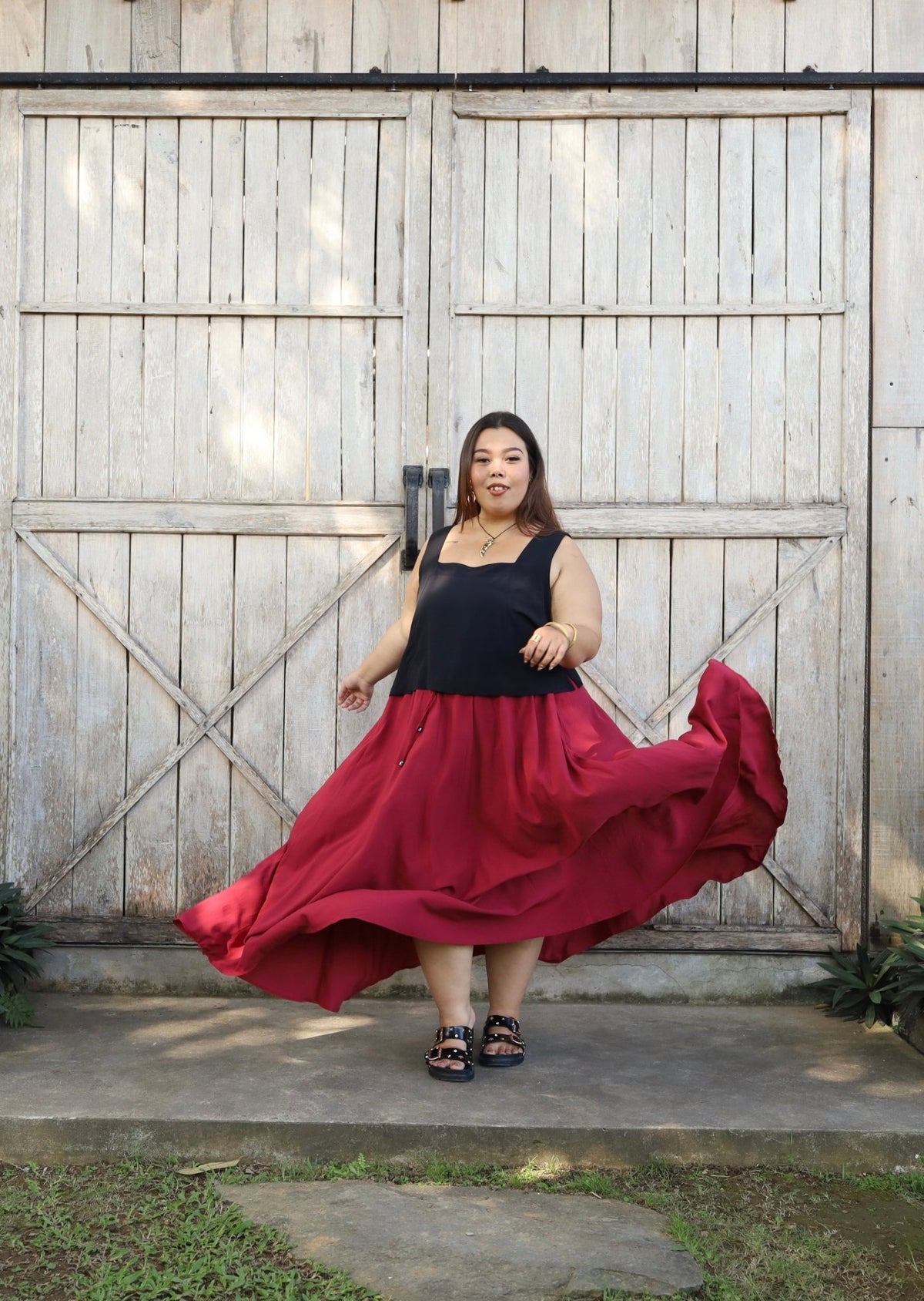 Lunam Skirt in Sangria, plus size boho skirt, movement shot