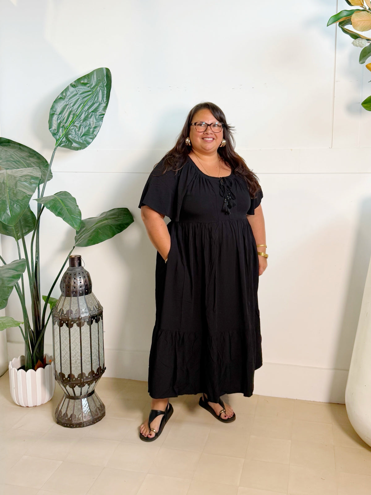 Farrah Midi in Black - plus size boho midi dress with off the shoulder neckline - Mama Mane