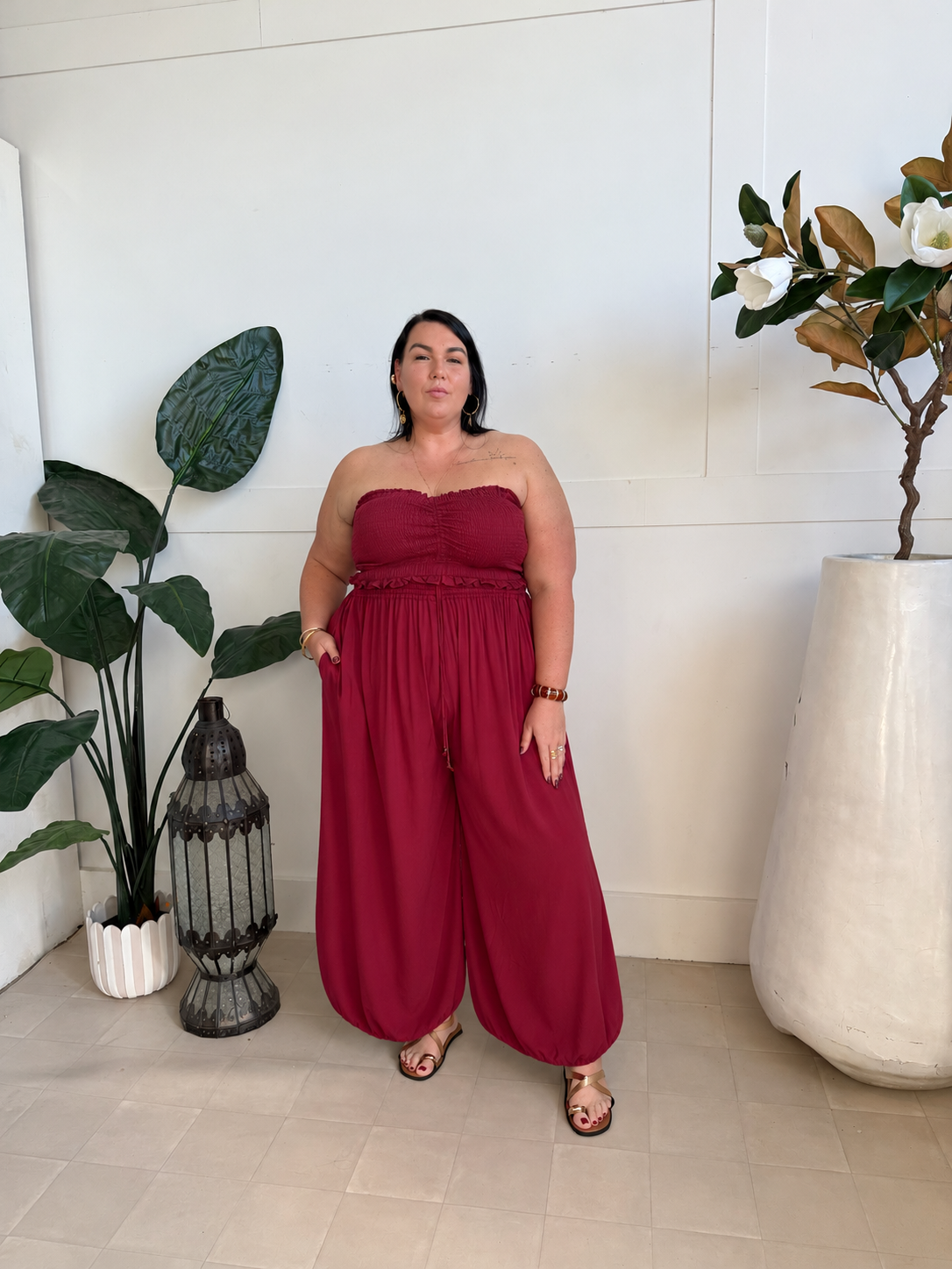 Balloon Pants Tall in Sangria - plus size boho wide leg pants with elasticated ankle - Mama Mane