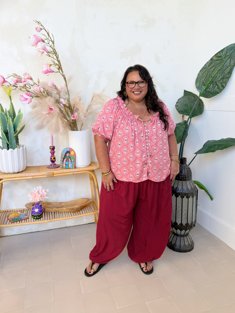 Zania Blouse in Pink Paisley with Balloon Pants in Sangria - plus size boho outfit - Mama Mane