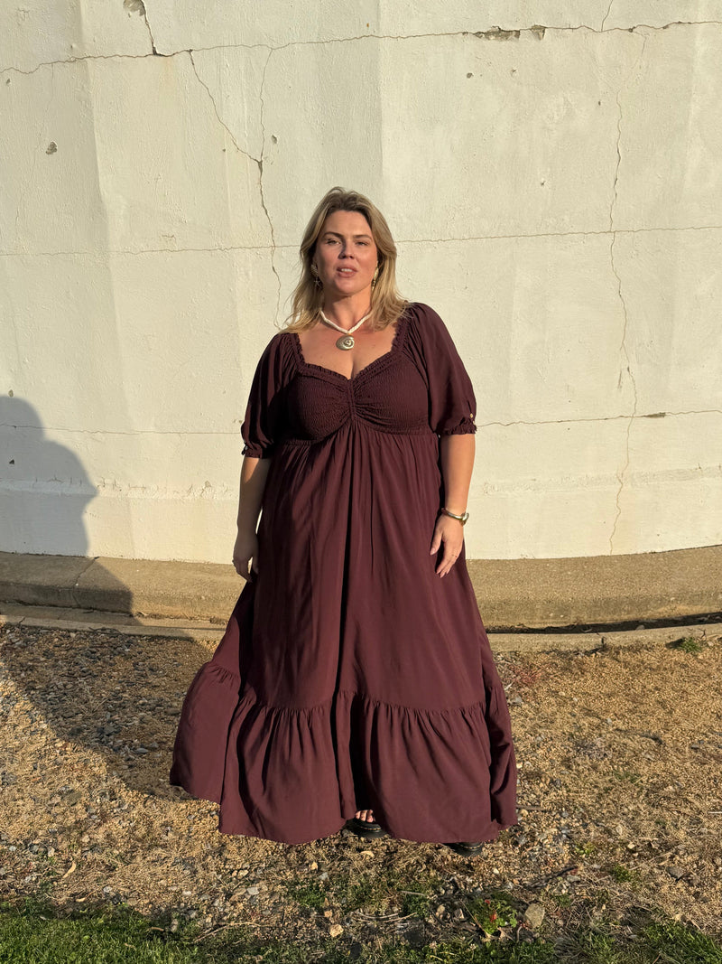 Athena Maxi Dress in Mahogany, tiered skirt detail, close up
