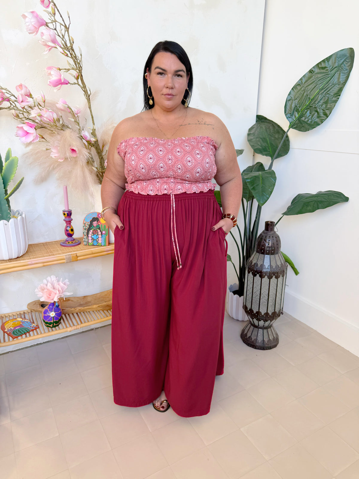 Bralette in Pink Paisley - plus size boho shirred bandeau bralette - Mama Mane